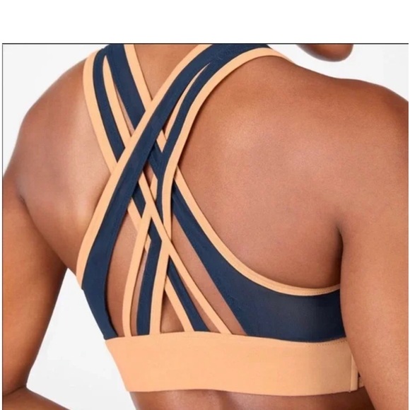 Fabletics Medium Impact Sports Bra Nude with Navy Mesh Overlay & Strappy Back-L - Picture 2 of 4